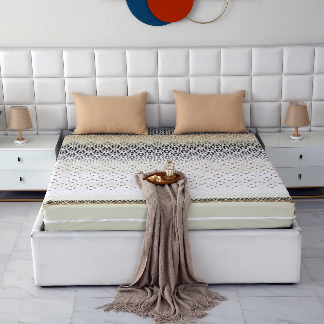 Zipper Mattress Cover Printed-Beige Square