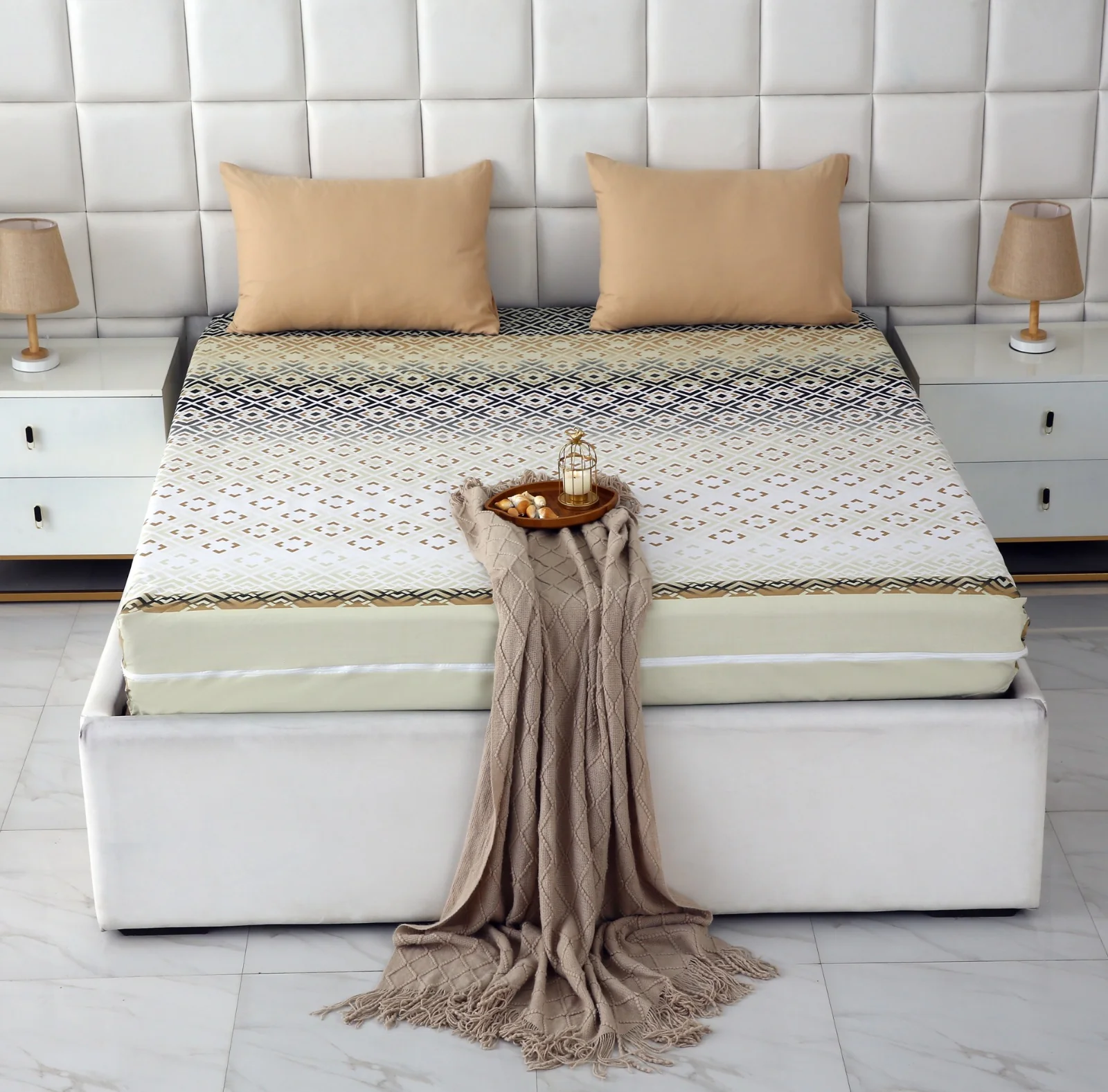 Zipper Mattress Cover Printed-Beige Square - Image 6