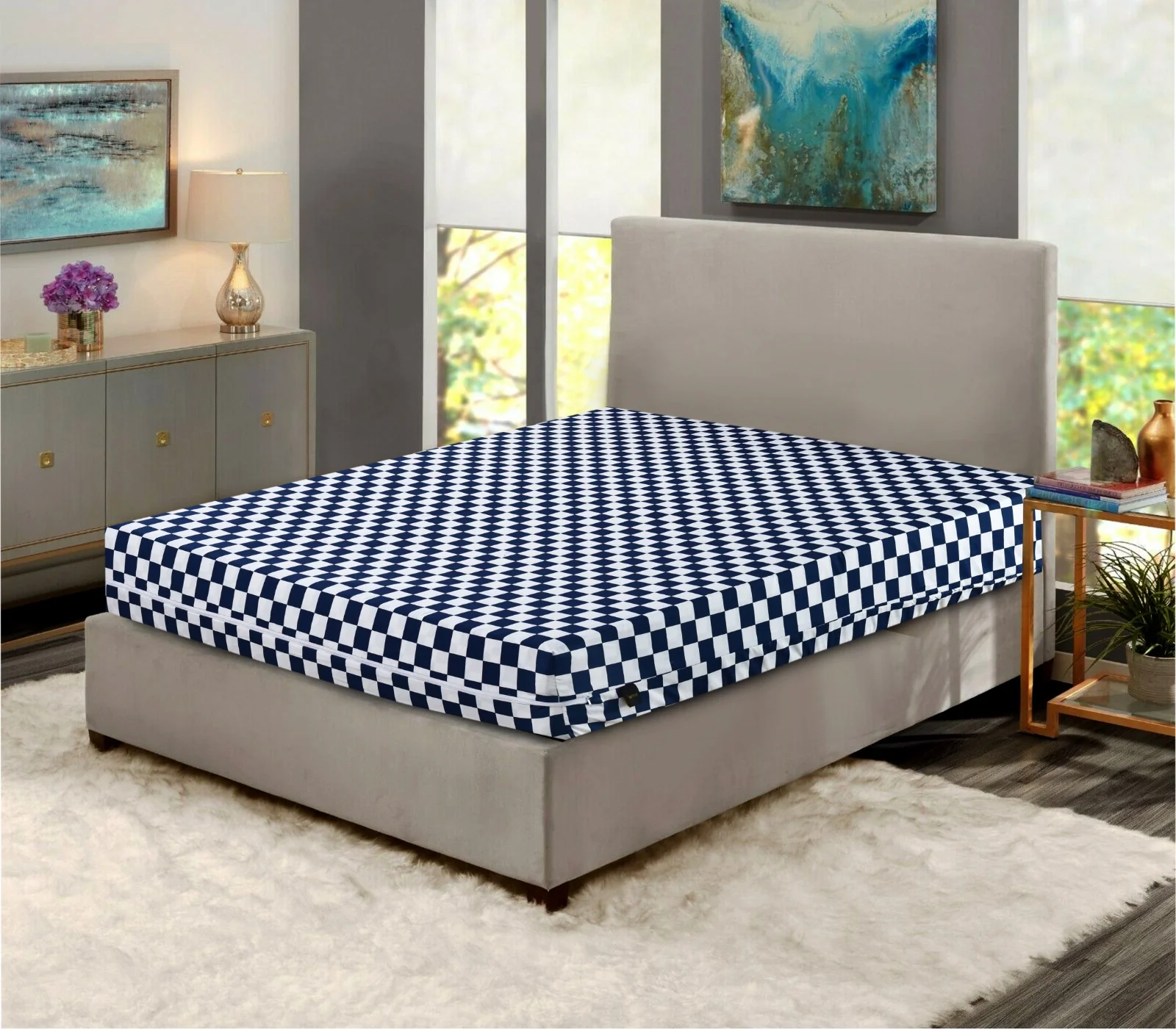 Zipper Mattress Cover Printed-Blue Chess - Image 3