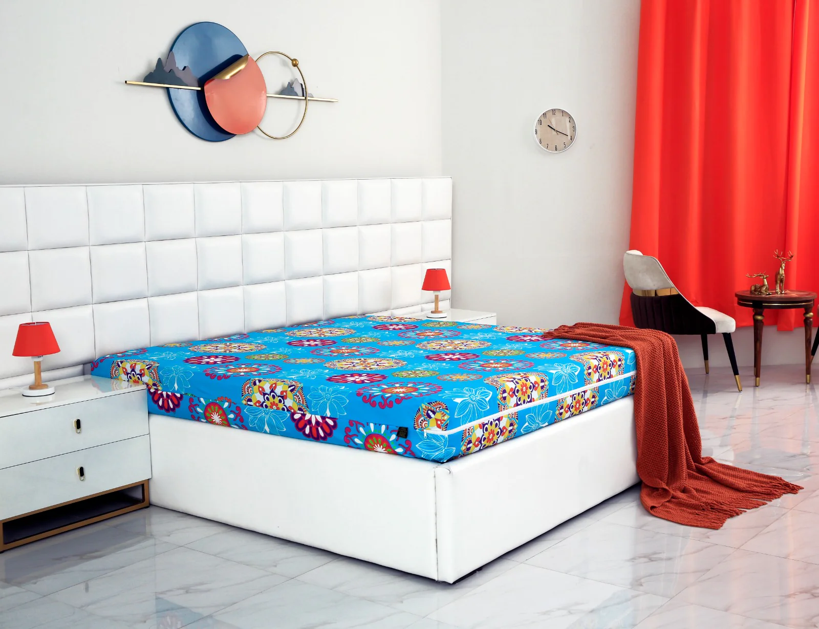 Zipper Mattress Cover Printed-Turquoise Flower