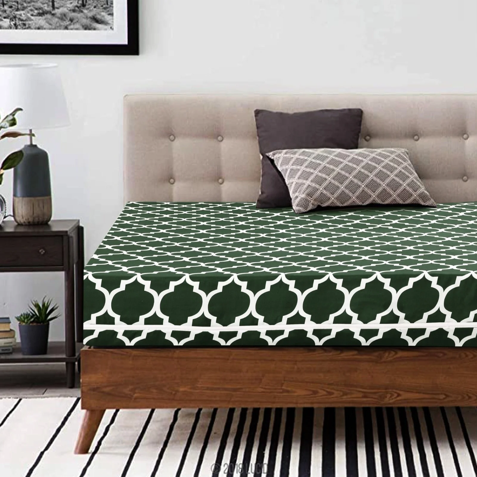 Zipper Mattress Cover Printed-Olive Geometric - Image 2