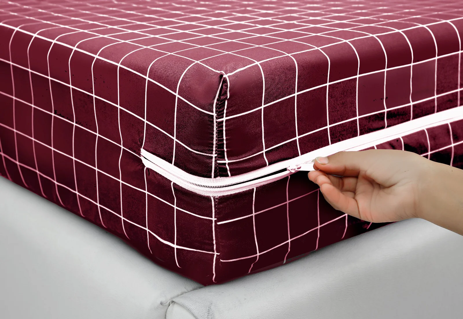 Zipper Mattress Cover Printed-Red Check - Image 2